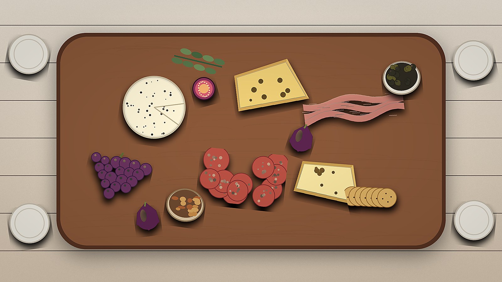 Ilustración de una tabla con quesos, charcutería, fruta y crujientes preparada para una reunión en CDMX